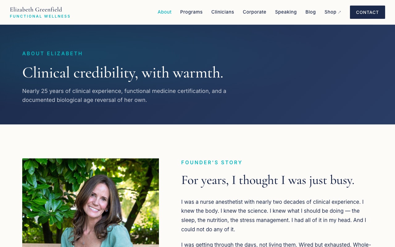The About page on lizgreenfield.com.